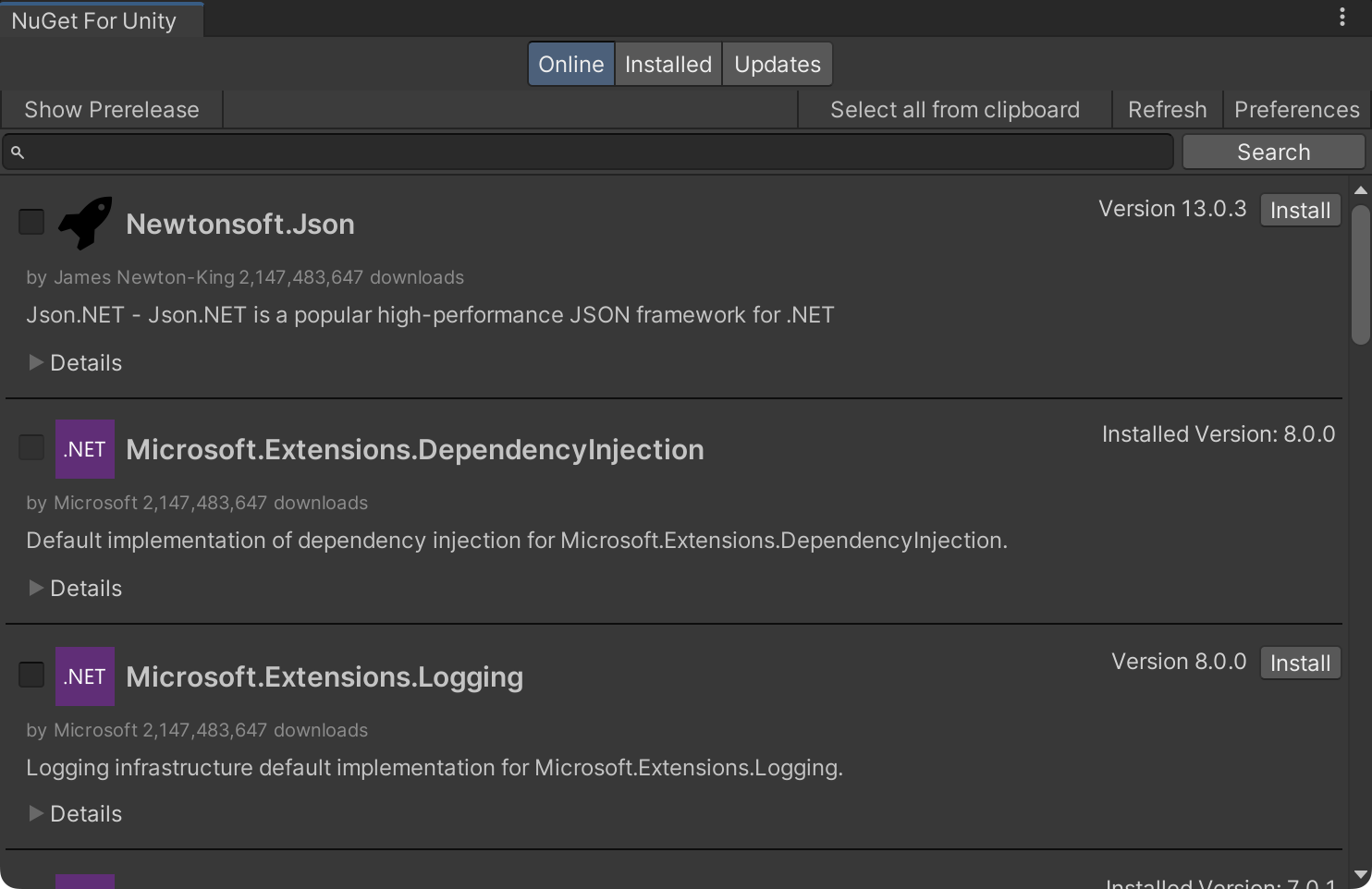 NuGetForUnity screenshot 1