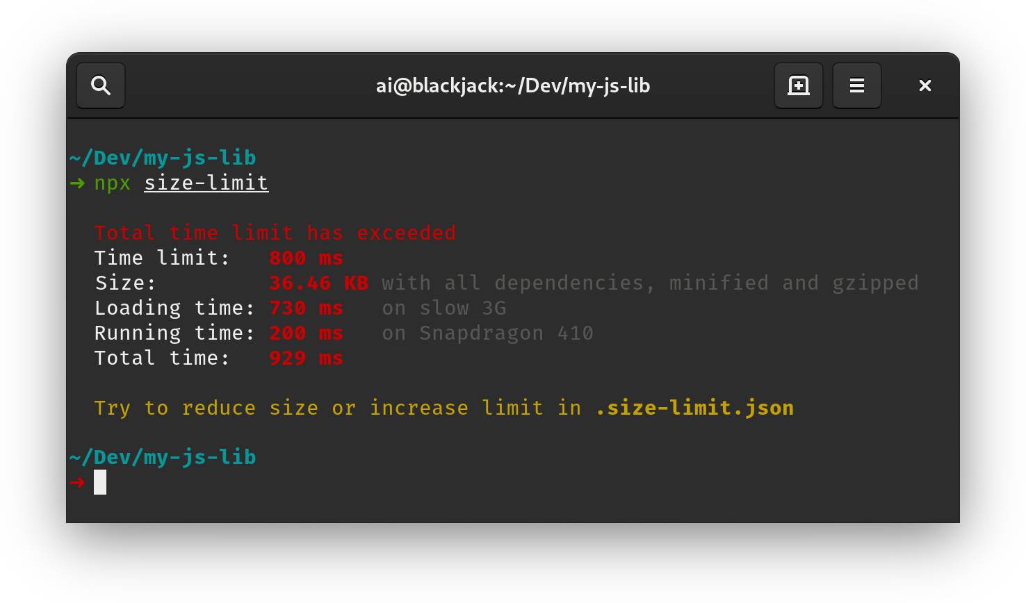 size-limit screenshot 1