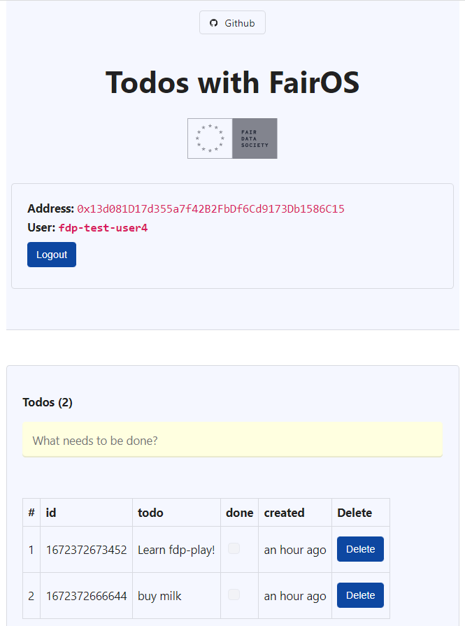 fairos-TODO-app-example screenshot 2