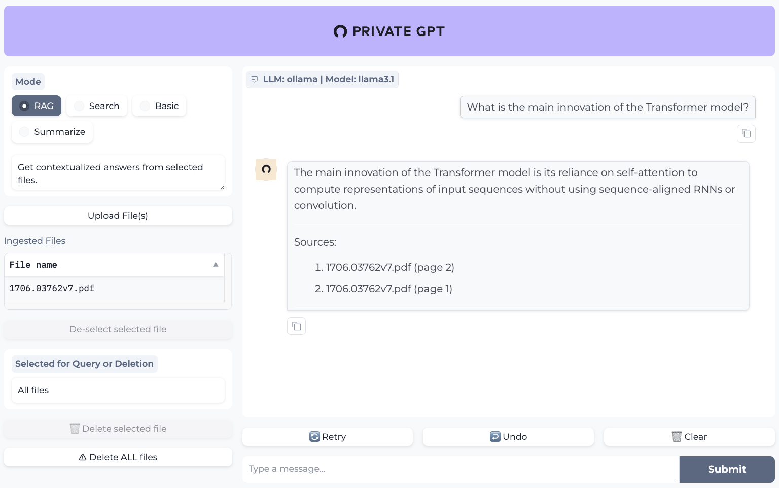 privateGPT screenshot 1