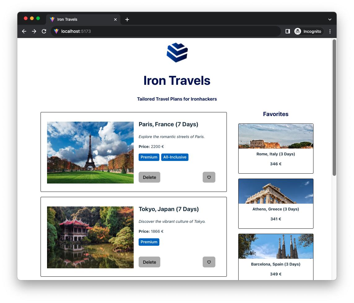 lab-react-iron-travels screenshot 2