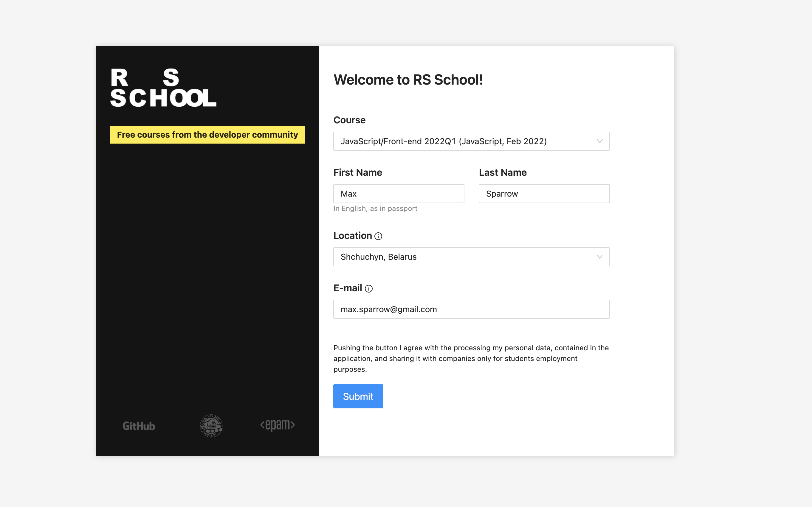 rsschool-app screenshot 1