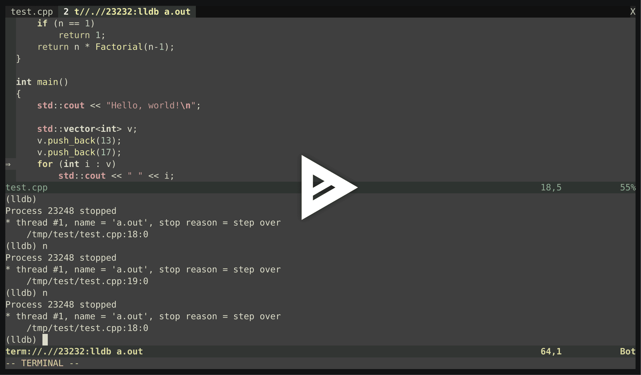 nvim-gdb screenshot 2