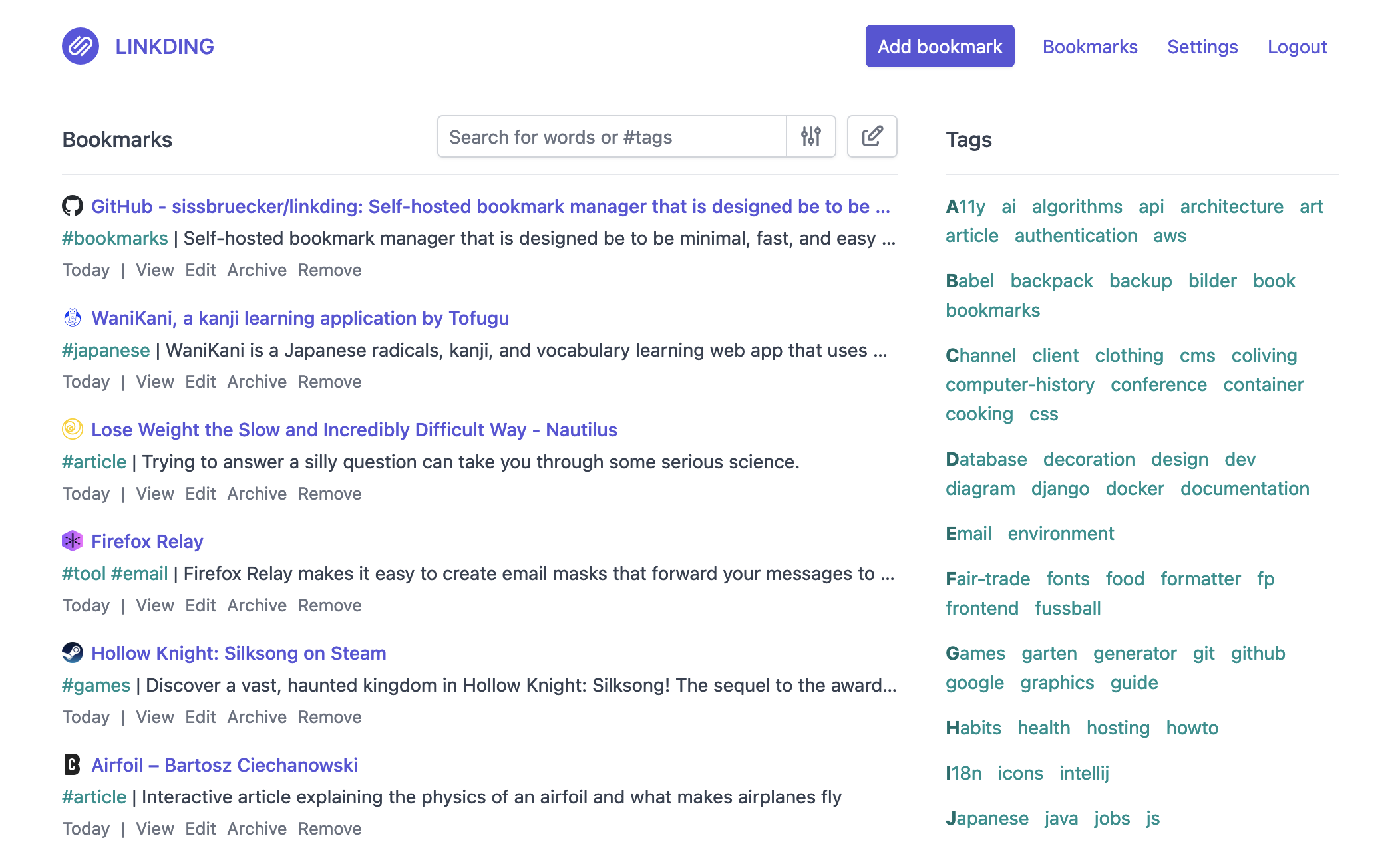 linkding screenshot 1