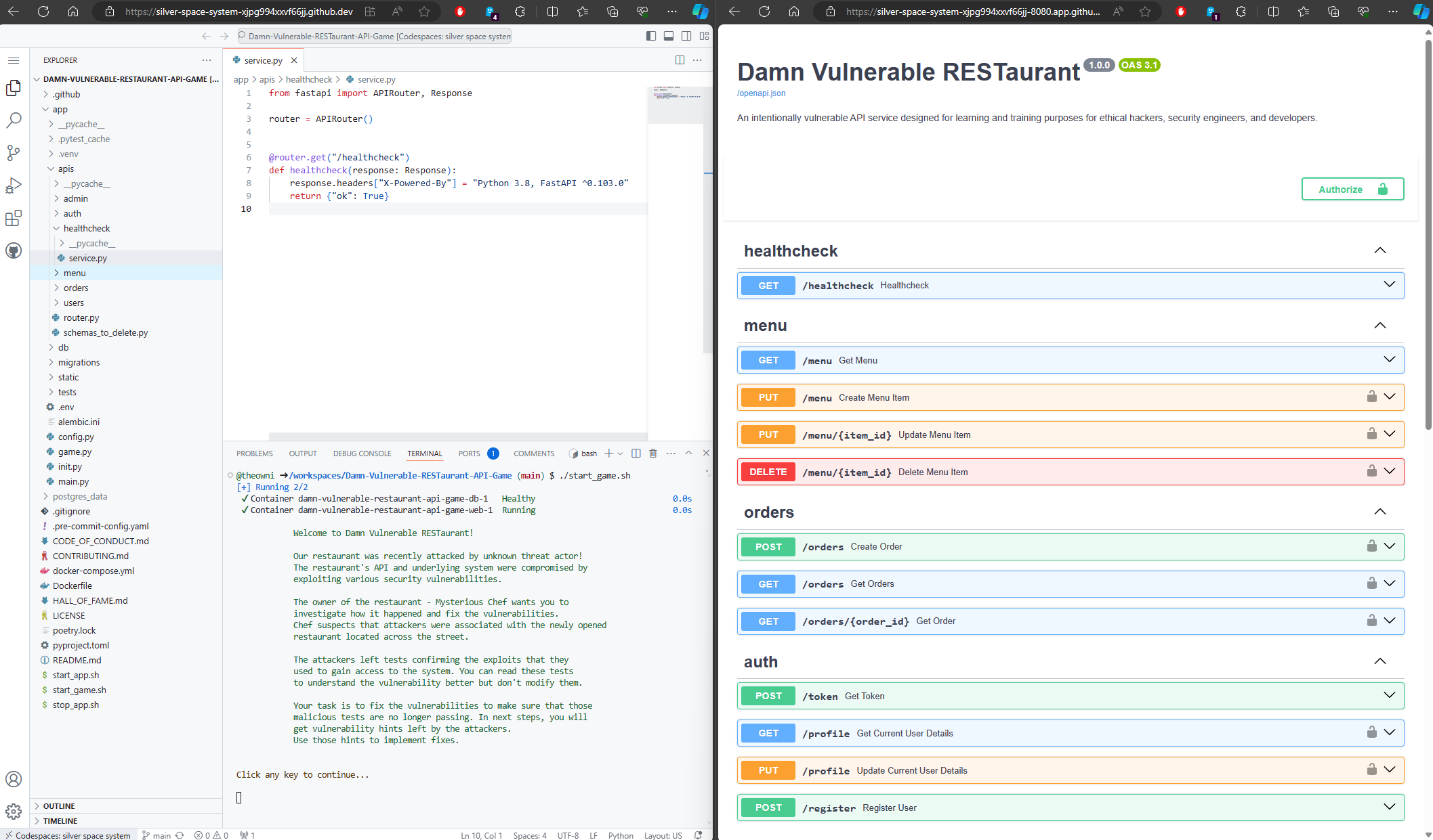 Damn-Vulnerable-RESTaurant-API-Game screenshot 2
